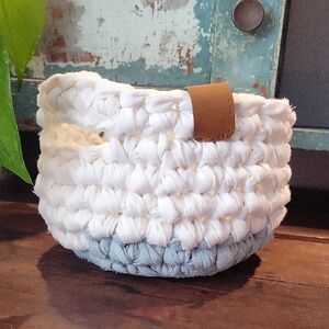 Crocheted Fabric Basket - White And Green